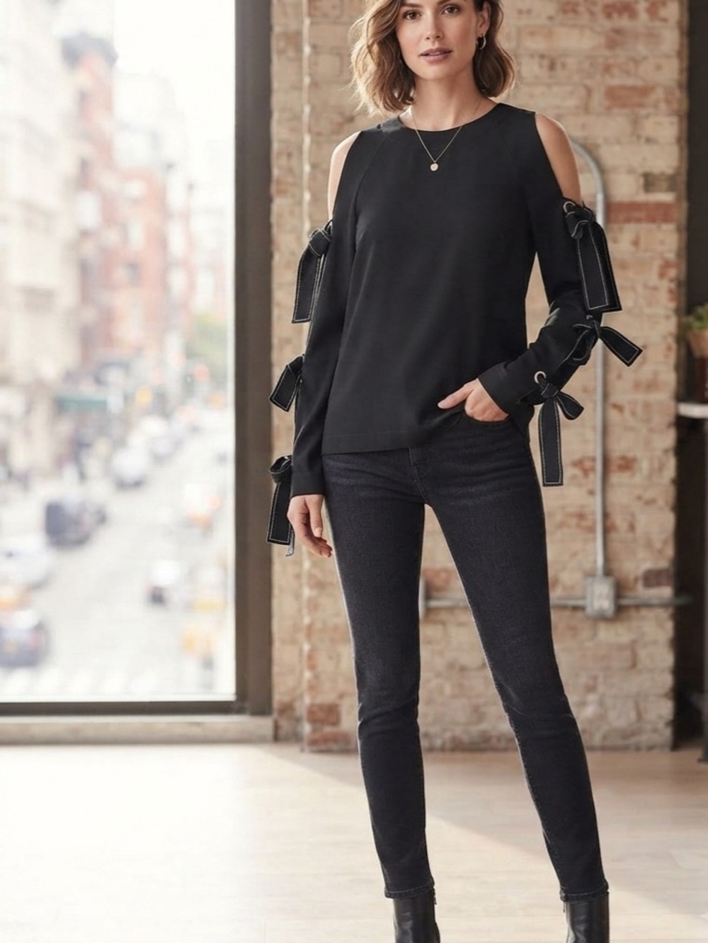 BCBGMaxAzria Black Cold-Shoulder Bow-Sleeve Blouse Size XS